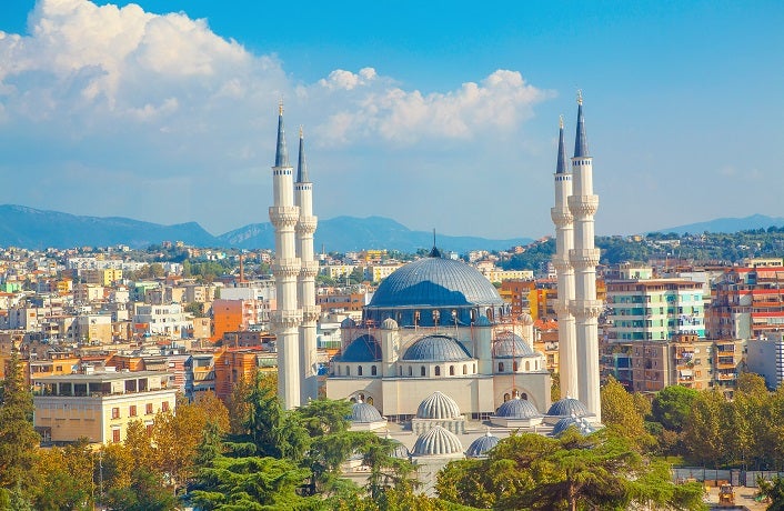 Panorama of Tirana and largest mosque in Albania