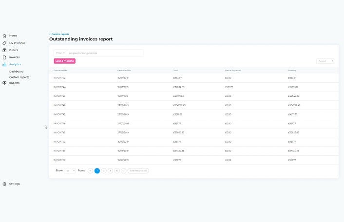 Avasam screenshot showing outstanding invoices report page 