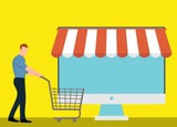 Animation of a man with shopping trolley next to a computer with an awning