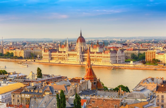 Budapest city skyline at Hungalian Parliament and Danube River, Budapest, Hungary