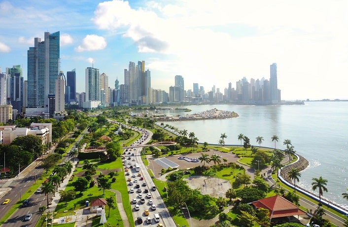 Aerial view of the modern skyline of Panama City , Panama