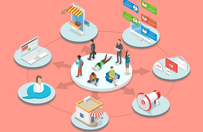 Omnichannel flat isometric vector concept. Customers surrounded by many communication types with seller.