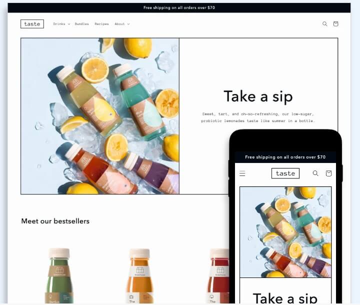 Shopify website template for selling drinks or food online