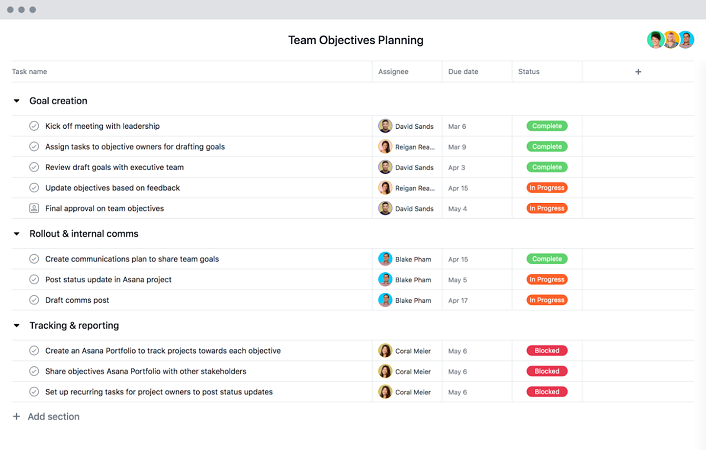 Asana team objectives template