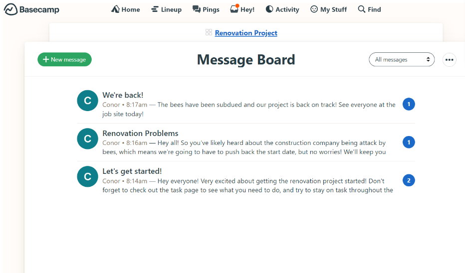 Basecamp message board