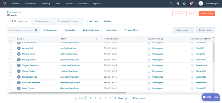 HubSpot contact list