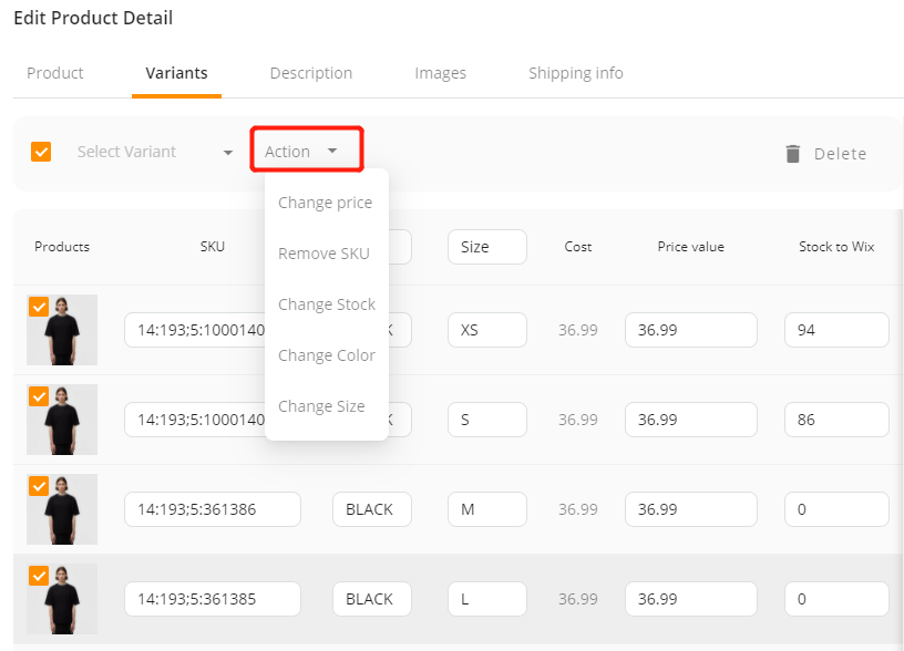 DSers interface screenshot showing the Variants page with a t-shirt as a product example, showing how you can alter size, cost, price value, and Stock to Wix