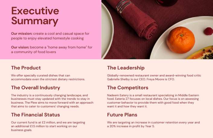 Example of an executive summary in a business plan for a Birmingham restaurant called 'The Plew'