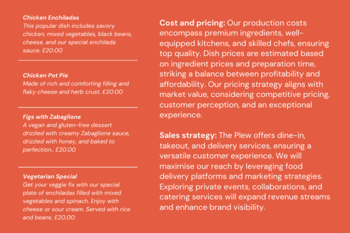 Example of an product / service page in a business plan for a Birmingham restaurant called 'The Plew'