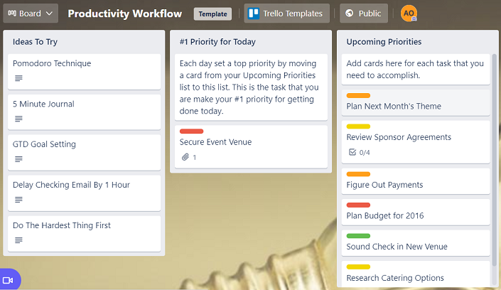 Trello productivity project plan template